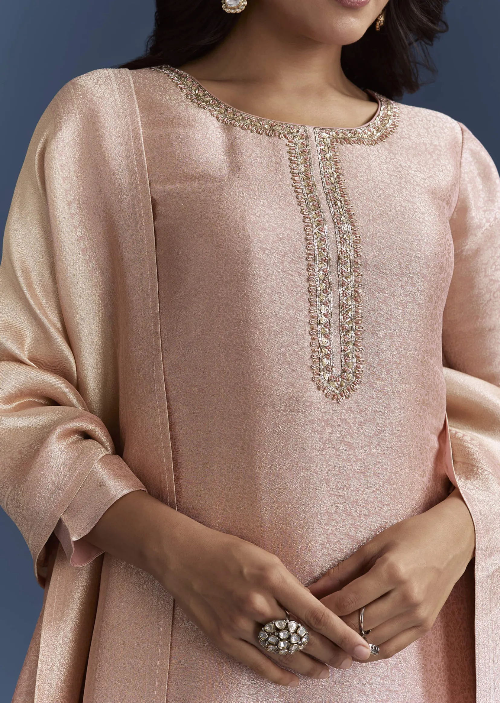 Peach Banarasi Tissue Kurta Set With Zardosi Neckline
