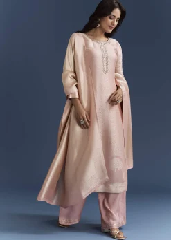 Peach Banarasi Tissue Kurta Set With Zardosi Neckline