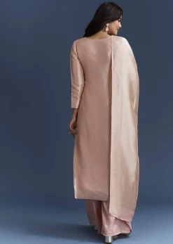 Peach Banarasi Tissue Kurta Set With Zardosi Neckline