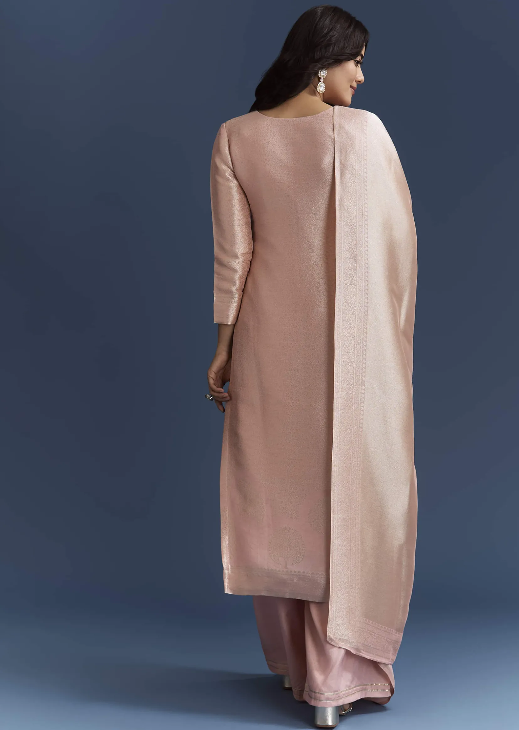 Peach Banarasi Tissue Kurta Set With Zardosi Neckline
