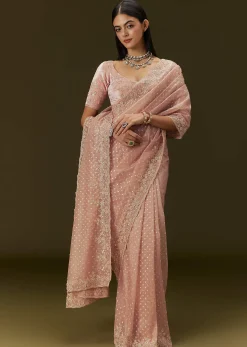 Peach Banarasi Tissue Saree With Velvet Embroidered Blouse