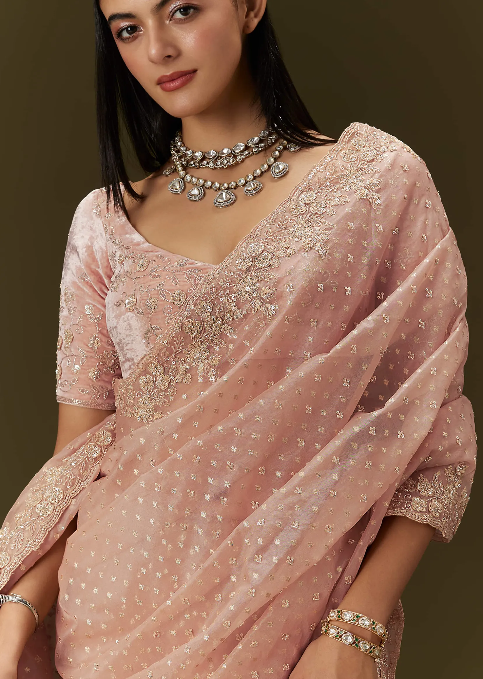 Peach Banarasi Tissue Saree With Velvet Embroidered Blouse
