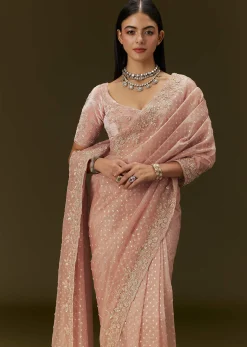 Peach Banarasi Tissue Saree With Velvet Embroidered Blouse