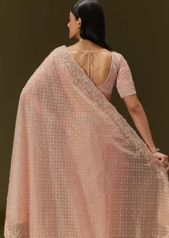 Peach Banarasi Tissue Saree With Velvet Embroidered Blouse