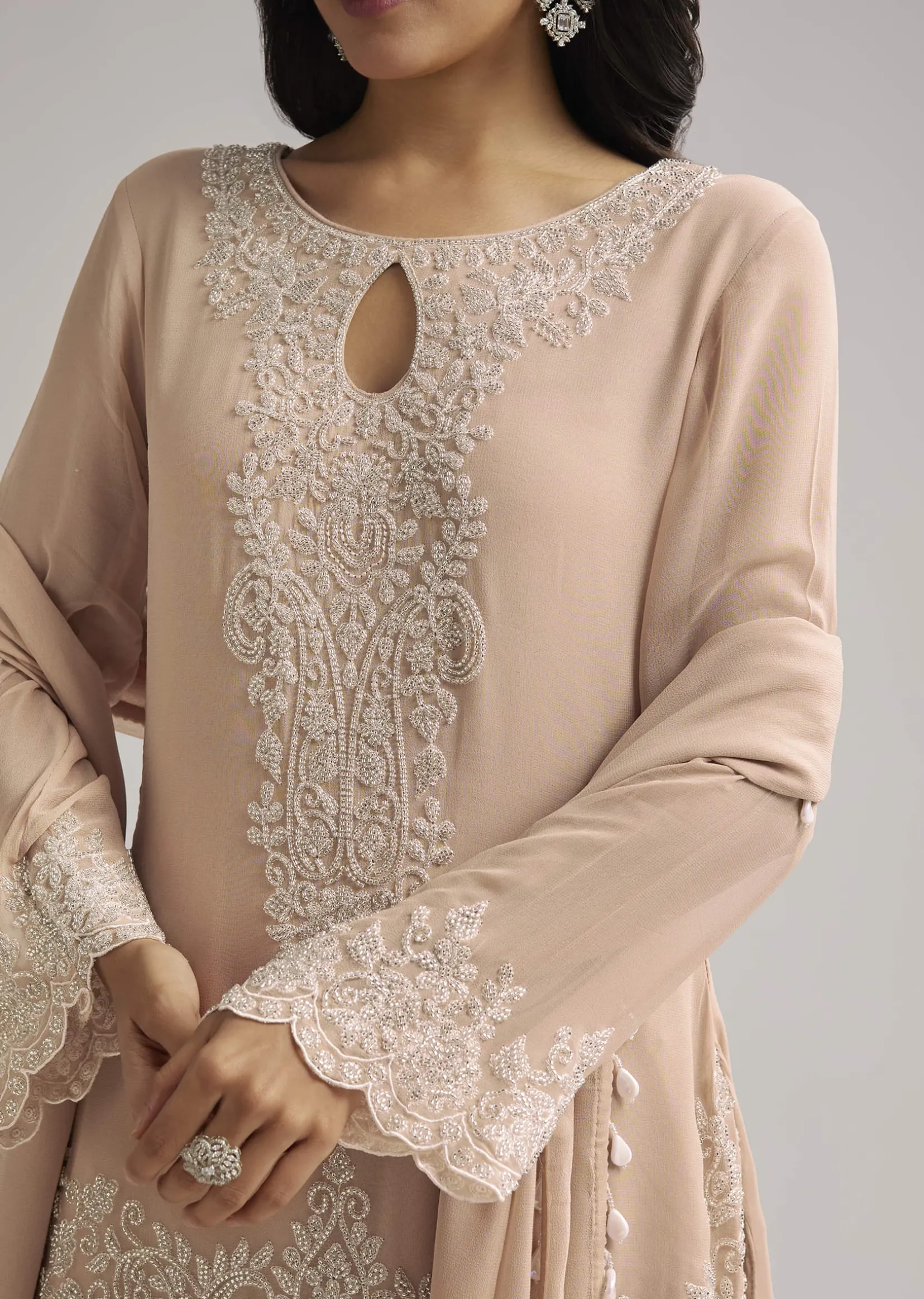 Peach Beaded Kurti Pant Set With Dupatta