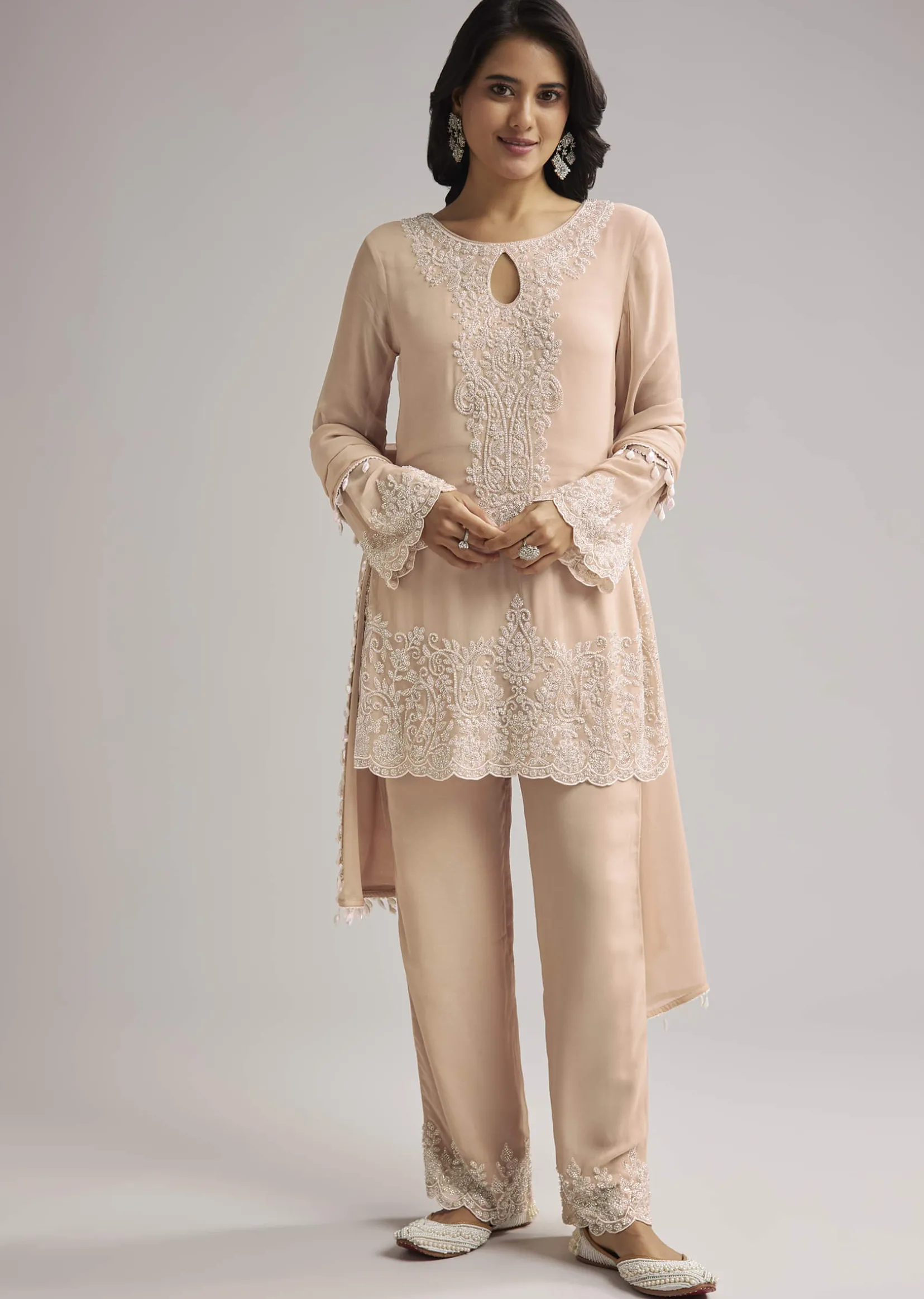 Peach Beaded Kurti Pant Set With Dupatta