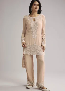Peach Beaded Kurti Pant Set With Dupatta