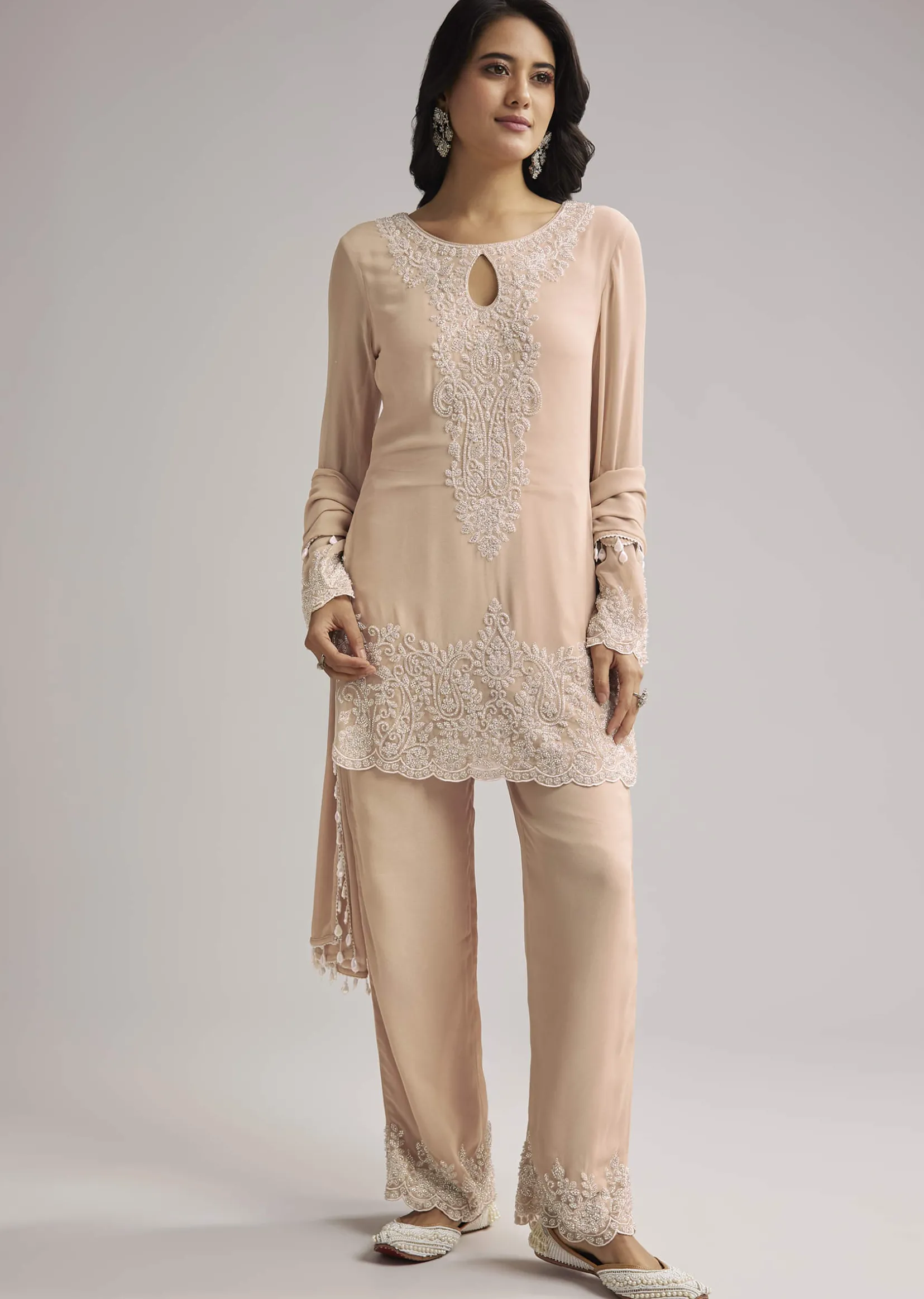 Peach Beaded Kurti Pant Set With Dupatta