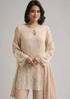 Peach Beaded Kurti Pant Set With Dupatta