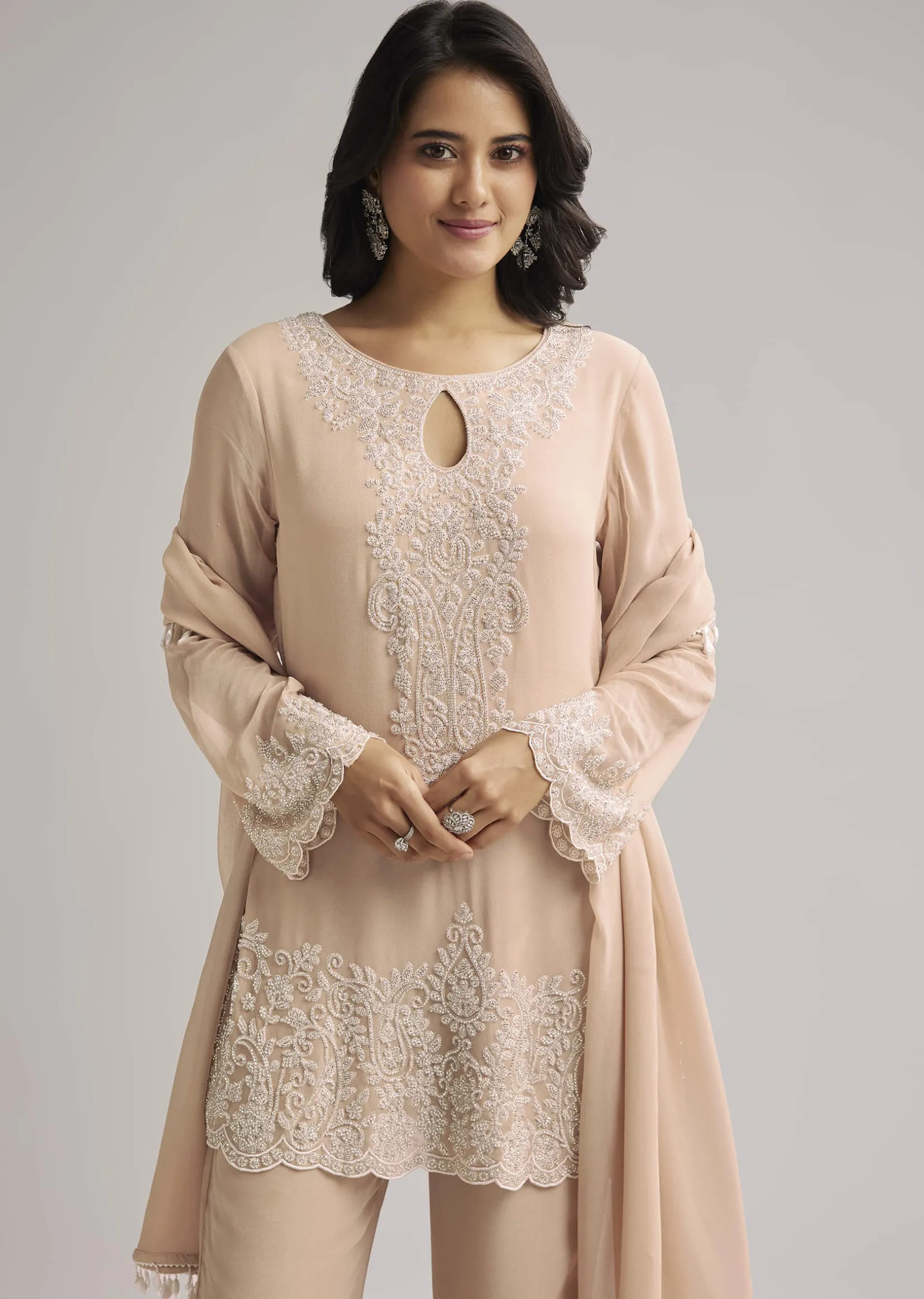 Peach Beaded Kurti Pant Set With Dupatta