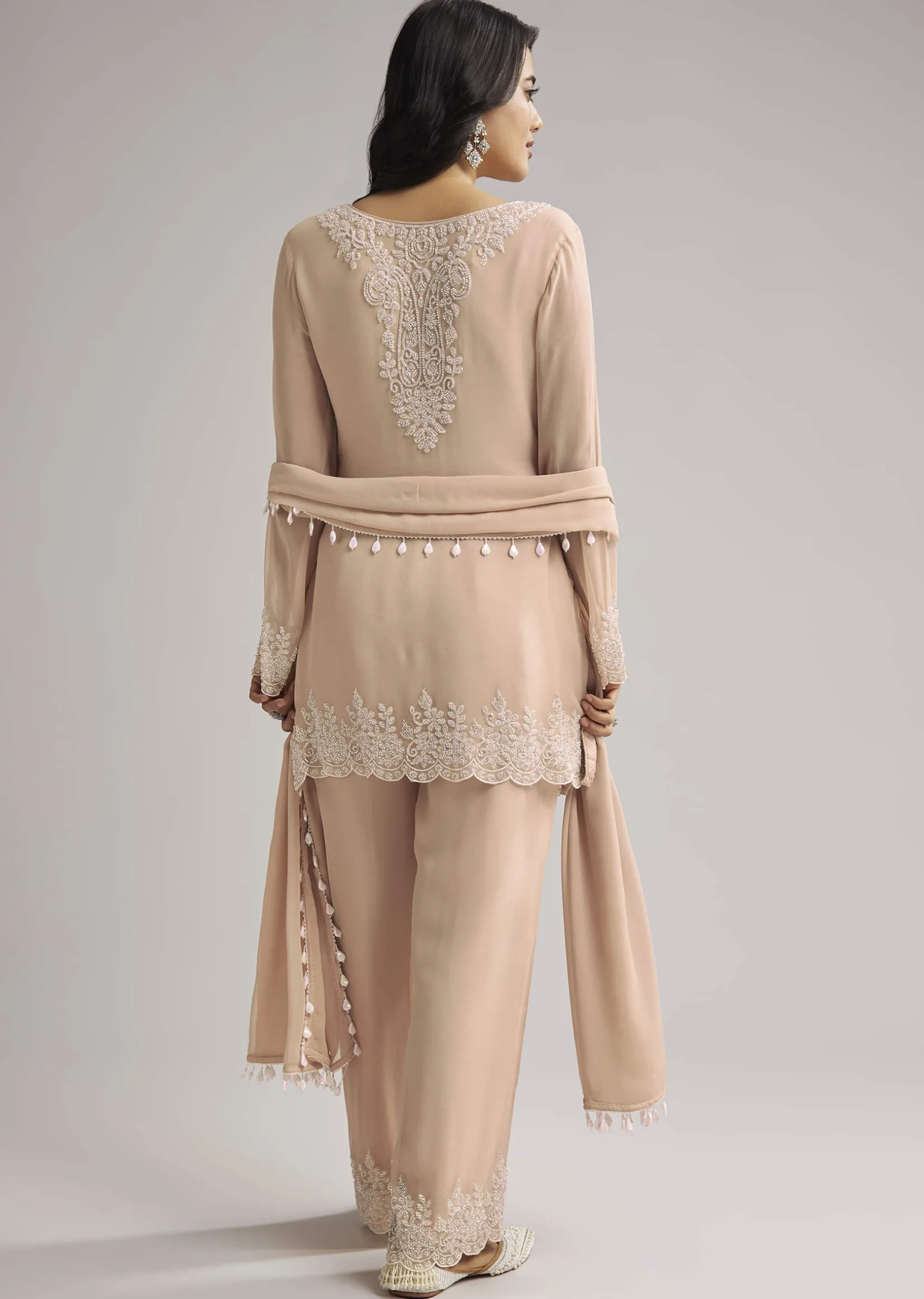 Peach Beaded Kurti Pant Set With Dupatta