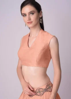 Peach Blouse In Raw Silk With V Neckline