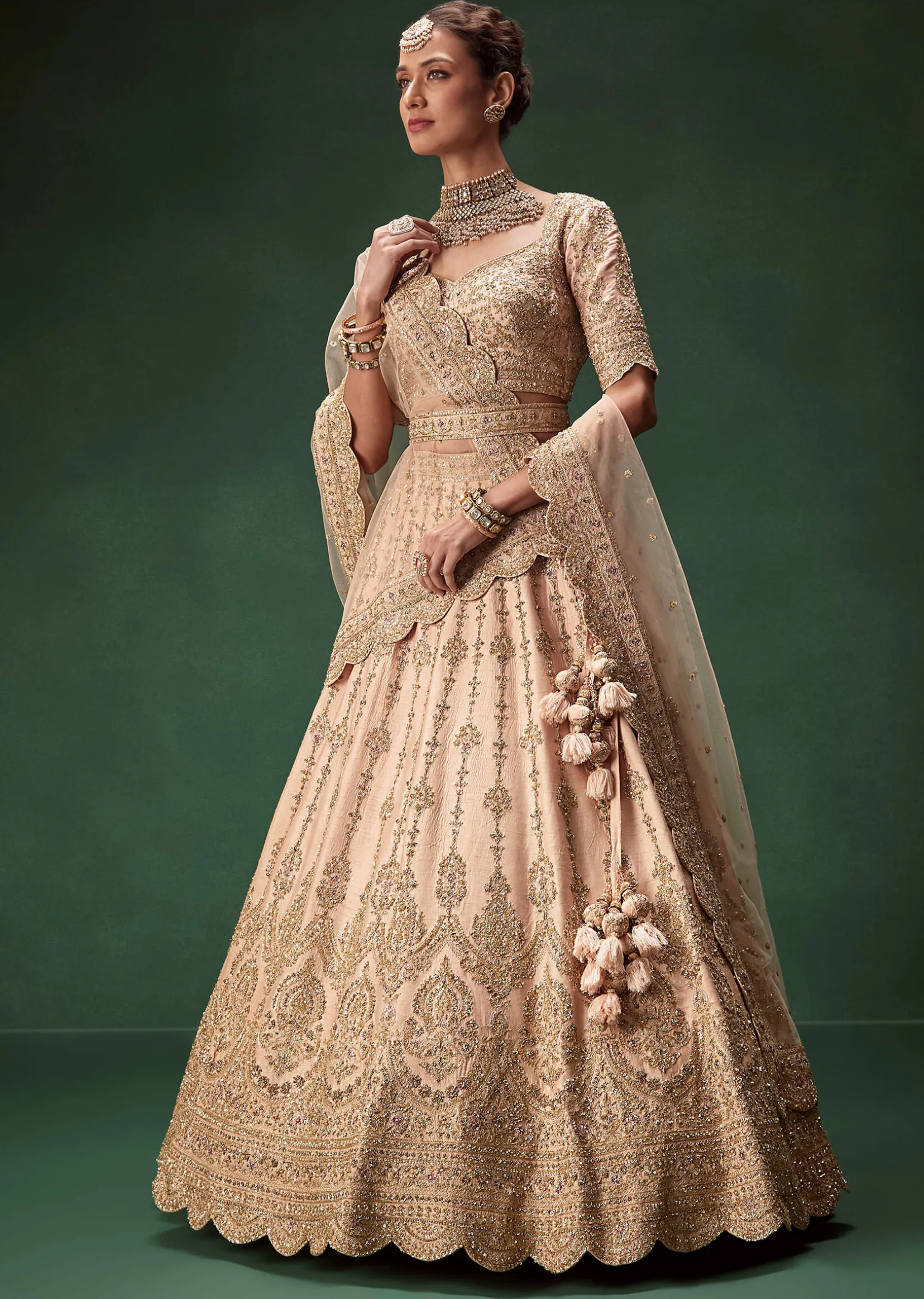 Peach Bridal Lehenga With Regal Embroidery And Single Dupatta Drape