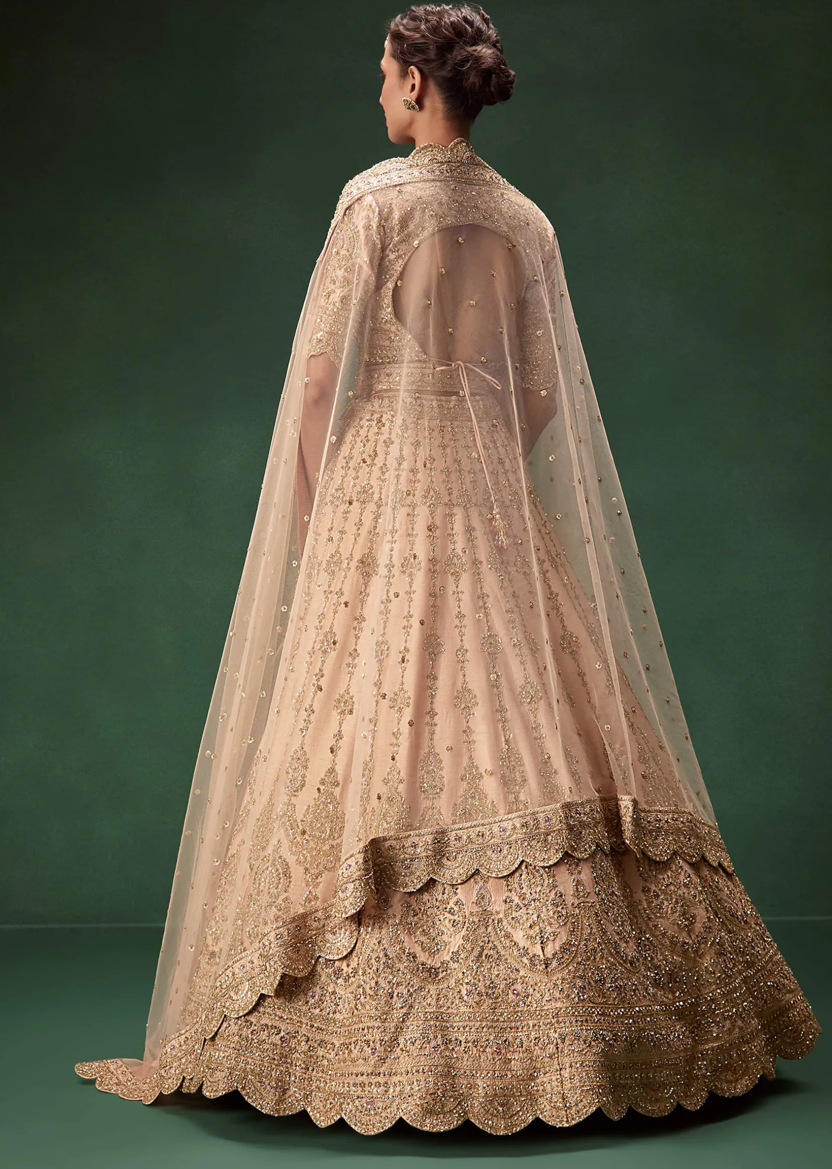 Peach Bridal Lehenga With Regal Embroidery And Single Dupatta Drape