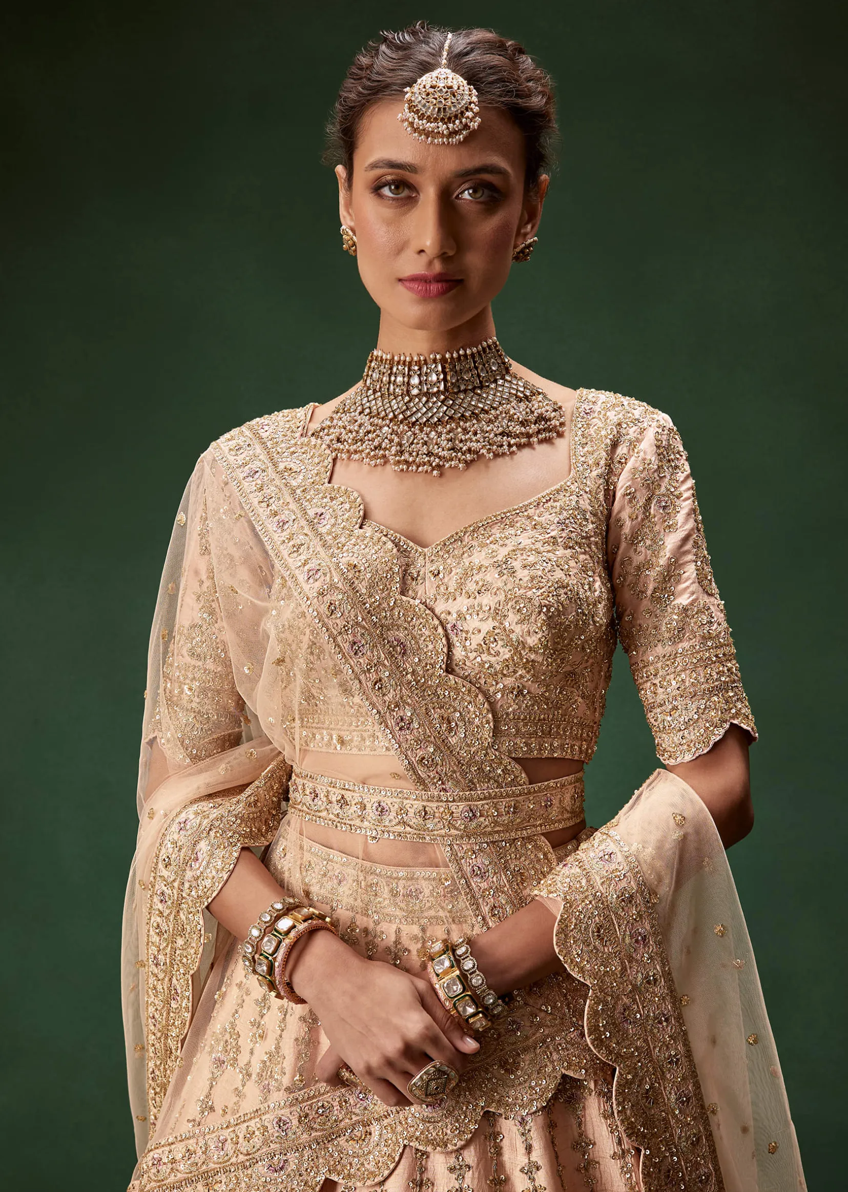 Peach Bridal Lehenga With Regal Embroidery And Single Dupatta Drape