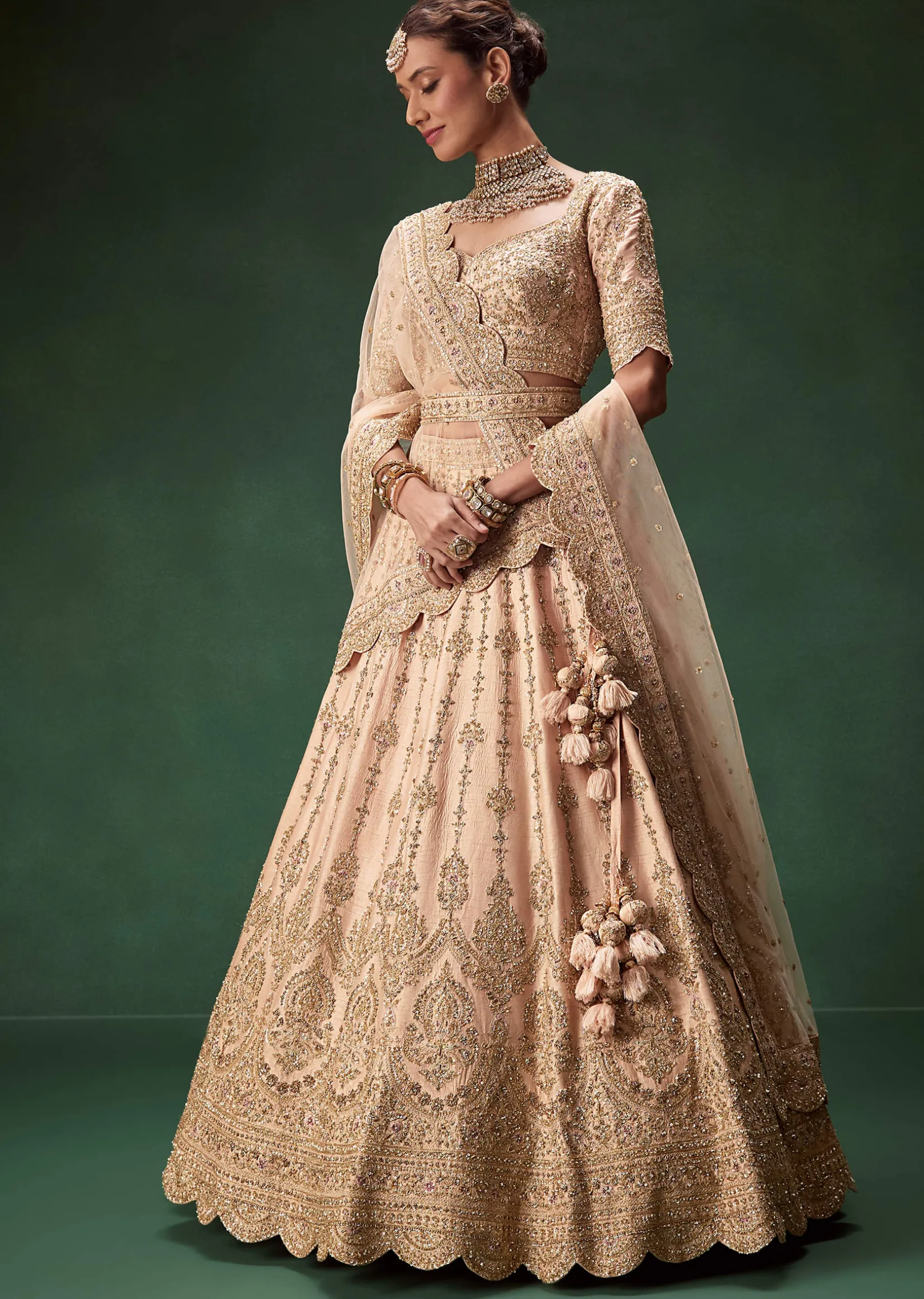 Peach Bridal Lehenga With Regal Embroidery And Single Dupatta Drape