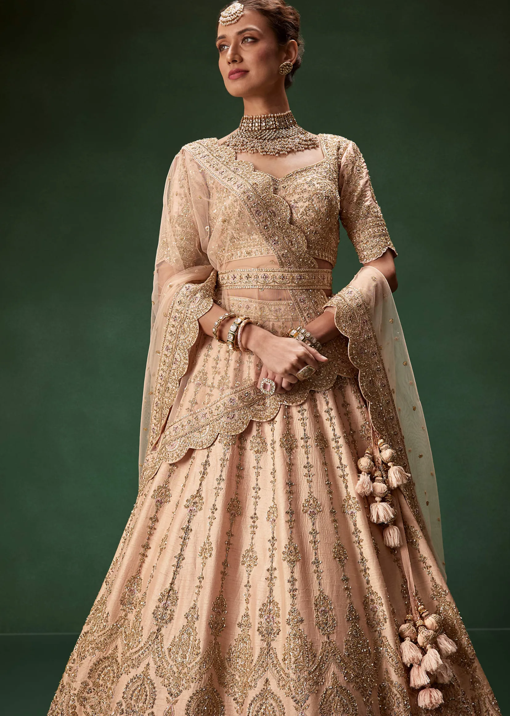 Peach Bridal Lehenga With Regal Embroidery And Single Dupatta Drape