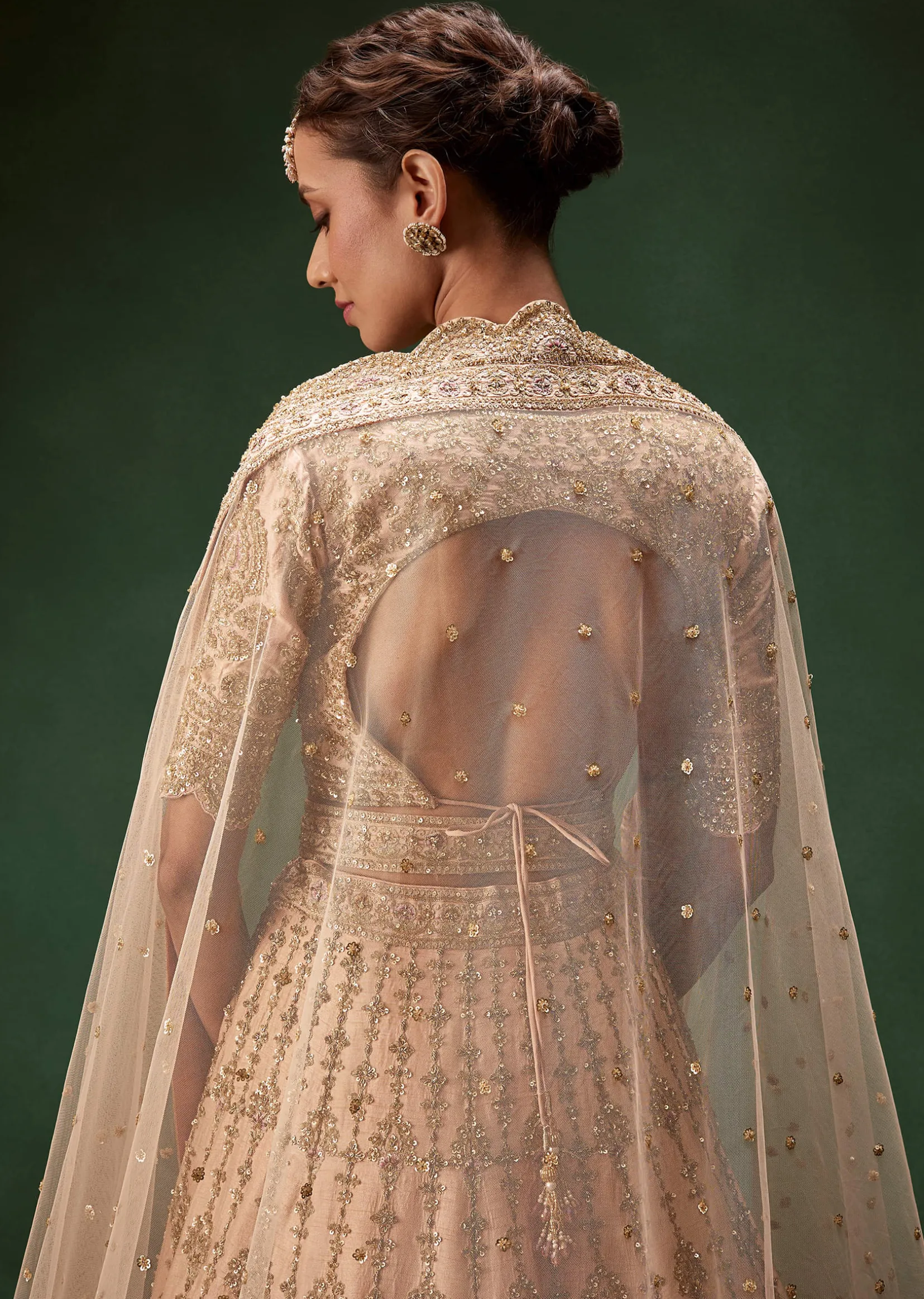Peach Bridal Lehenga With Regal Embroidery And Single Dupatta Drape