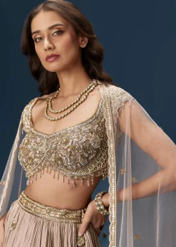 Peach Bridesmaid Lehenga With Embroidered Dupatta And Cap Sleeve Blouse