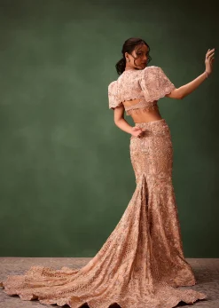 Peach Brocade Cutdana Work Jacket Skirt Suit