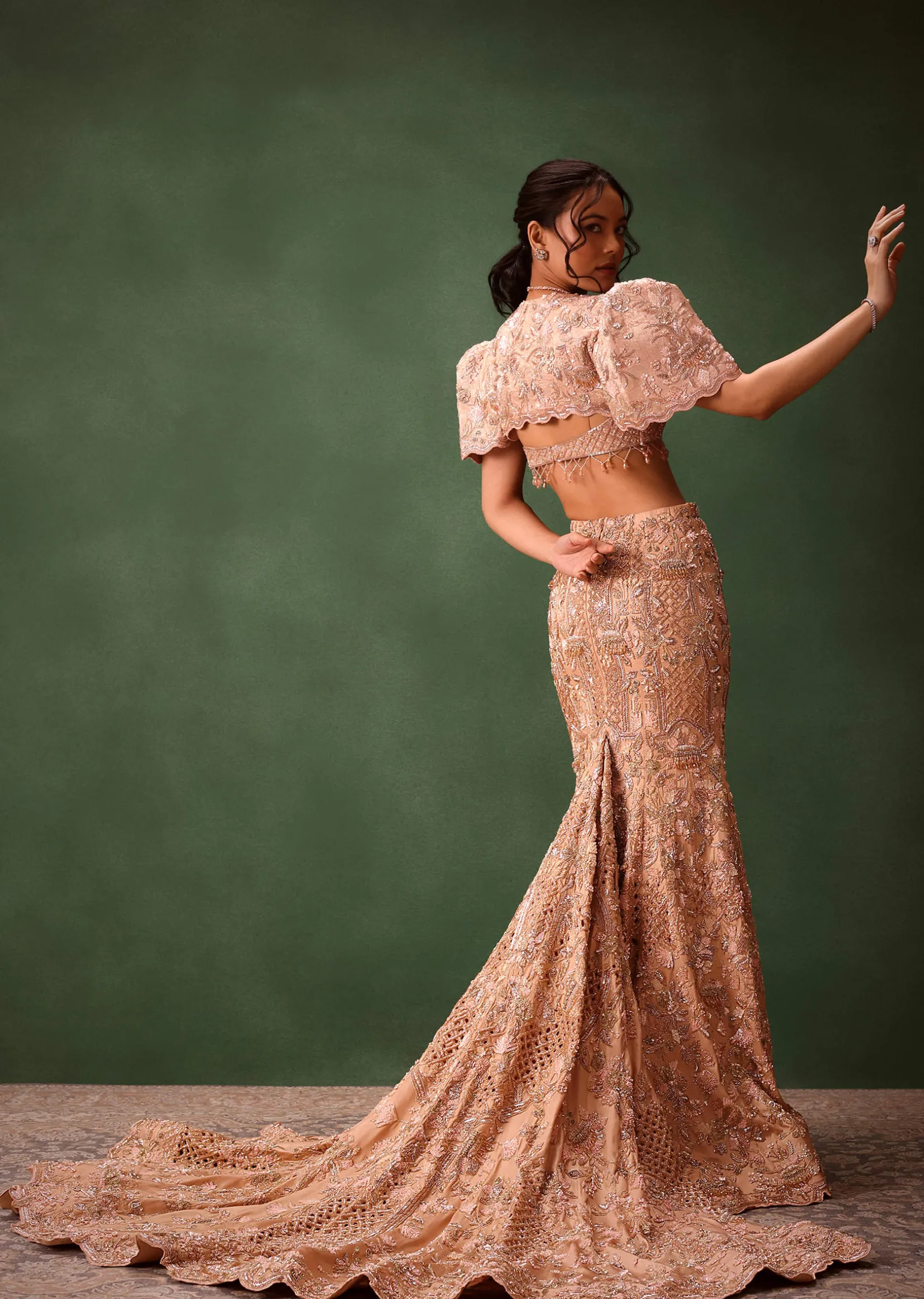 Peach Brocade Cutdana Work Jacket Skirt Suit