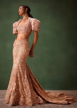 Peach Brocade Cutdana Work Jacket Skirt Suit