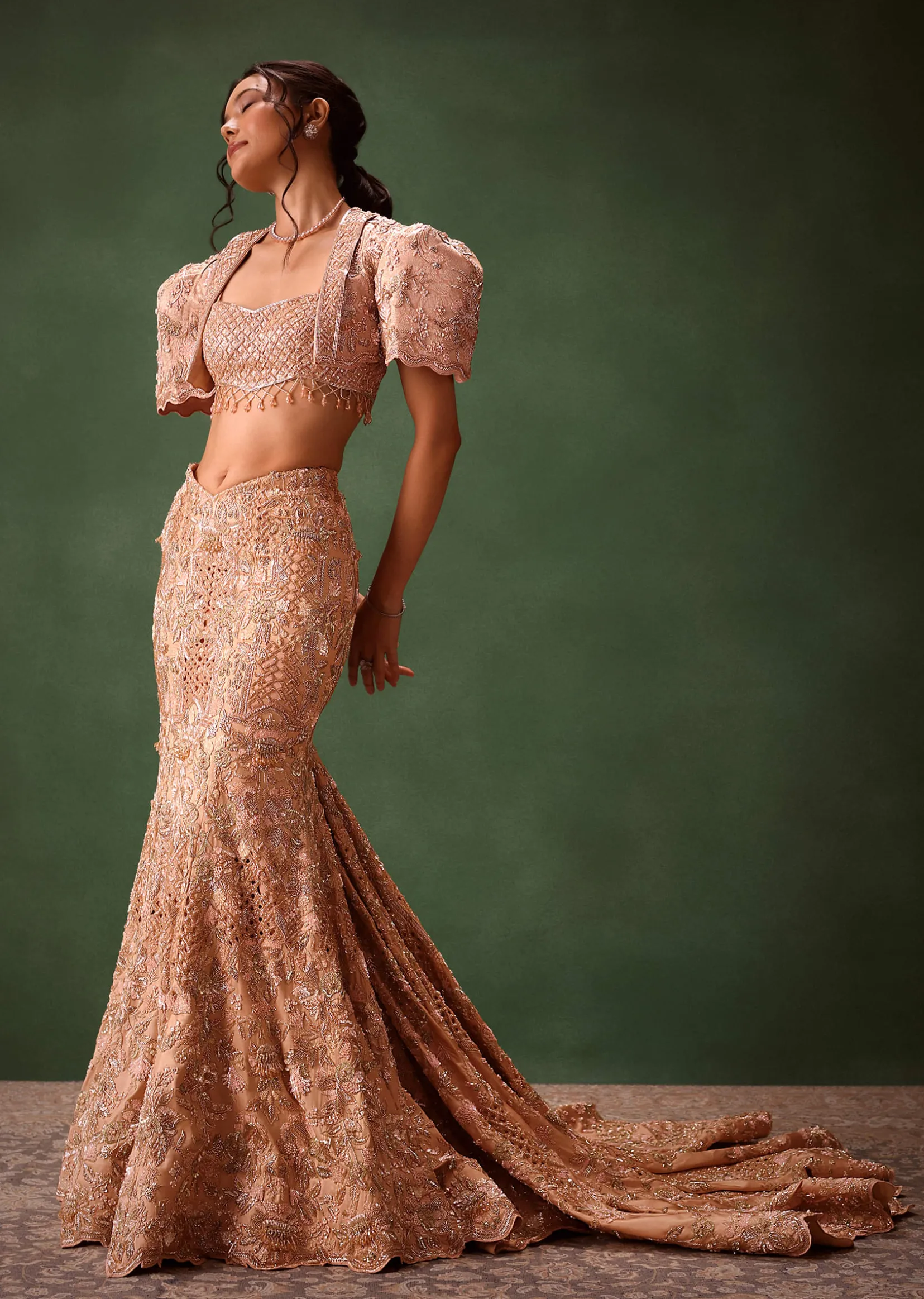 Peach Brocade Cutdana Work Jacket Skirt Suit