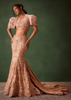 Peach Brocade Cutdana Work Jacket Skirt Suit