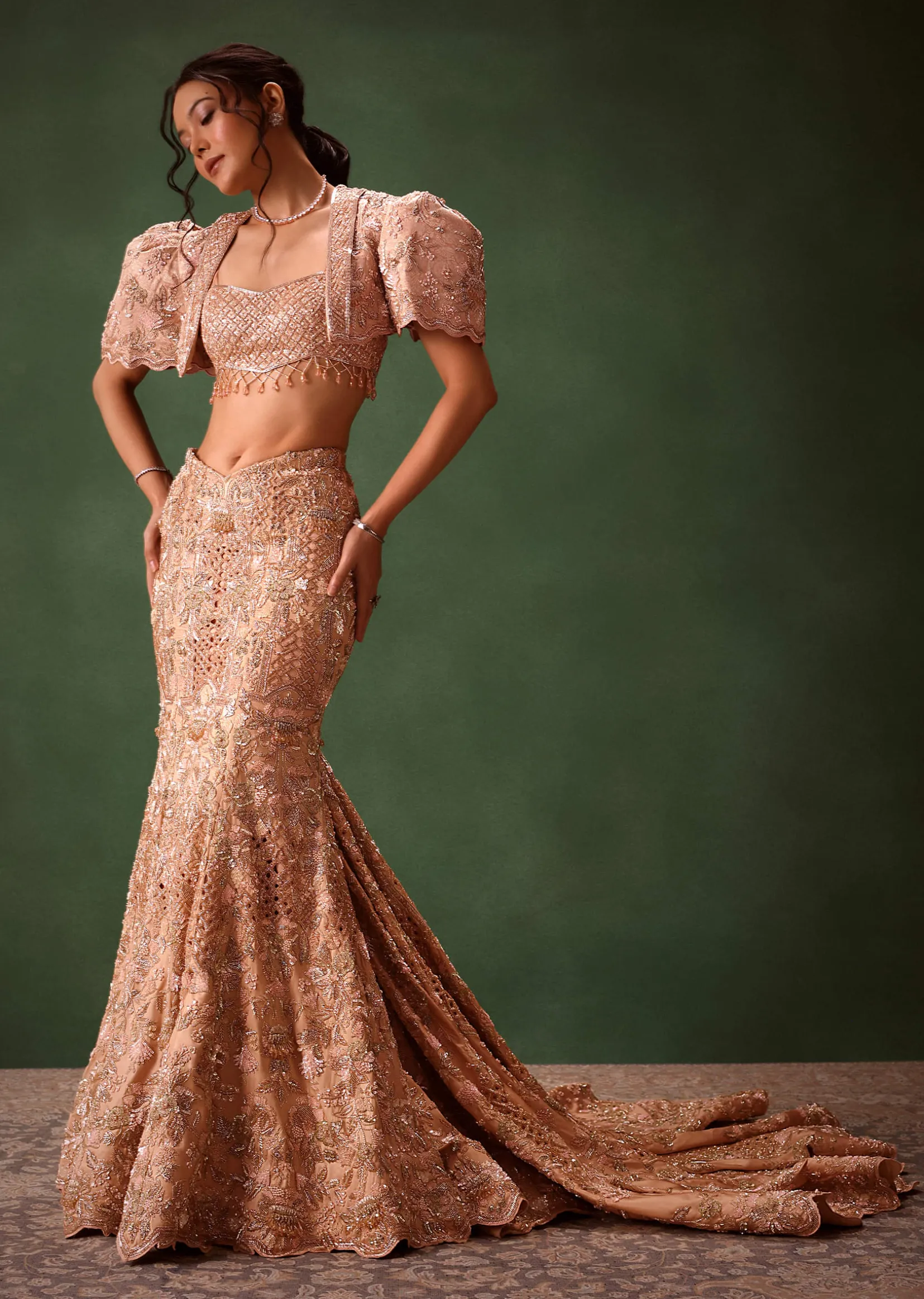 Peach Brocade Cutdana Work Jacket Skirt Suit