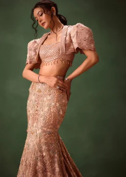 Peach Brocade Cutdana Work Jacket Skirt Suit