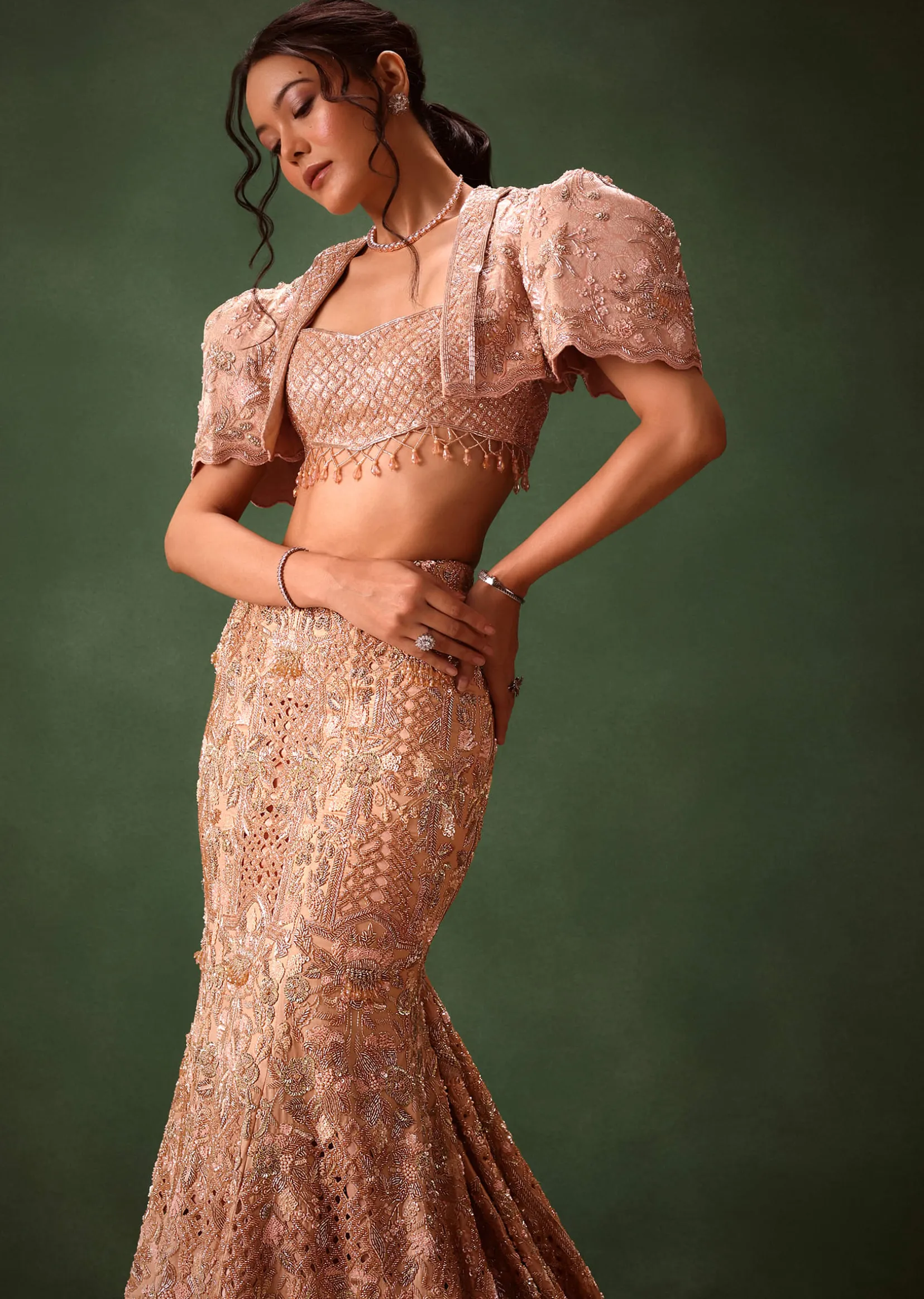 Peach Brocade Cutdana Work Jacket Skirt Suit