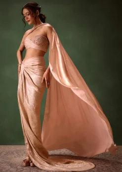 Peach Brocade Draped Skirt With Pleated One Shoulder Blouse