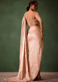 Peach Brocade Draped Skirt With Pleated One Shoulder Blouse