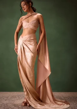 Peach Brocade Draped Skirt With Pleated One Shoulder Blouse