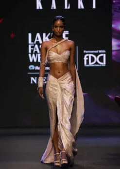 Peach Brocade Draped Skirt With Pleated One Shoulder Blouse