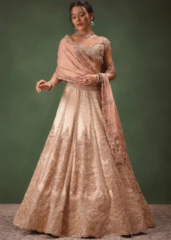 Peach Brocade Embroidered Bridal Lehenga With Two Dupattas