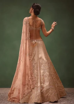Peach Brocade Embroidered Bridal Lehenga With Two Dupattas