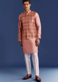 Peach Brocade Kurta Jacket Set With Geometric Print