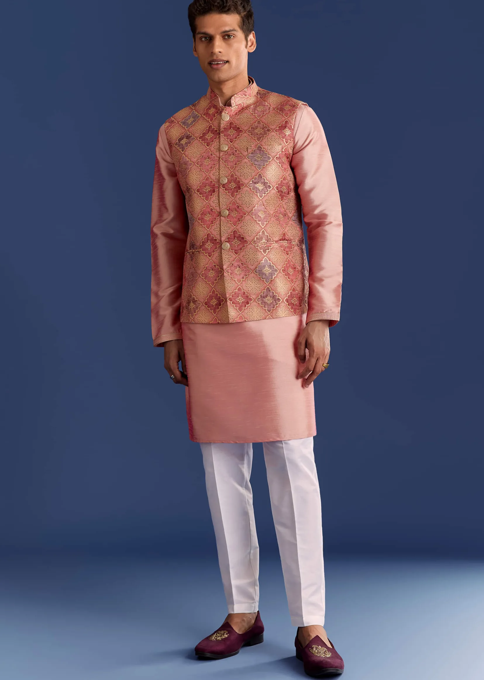Peach Brocade Kurta Jacket Set With Geometric Print