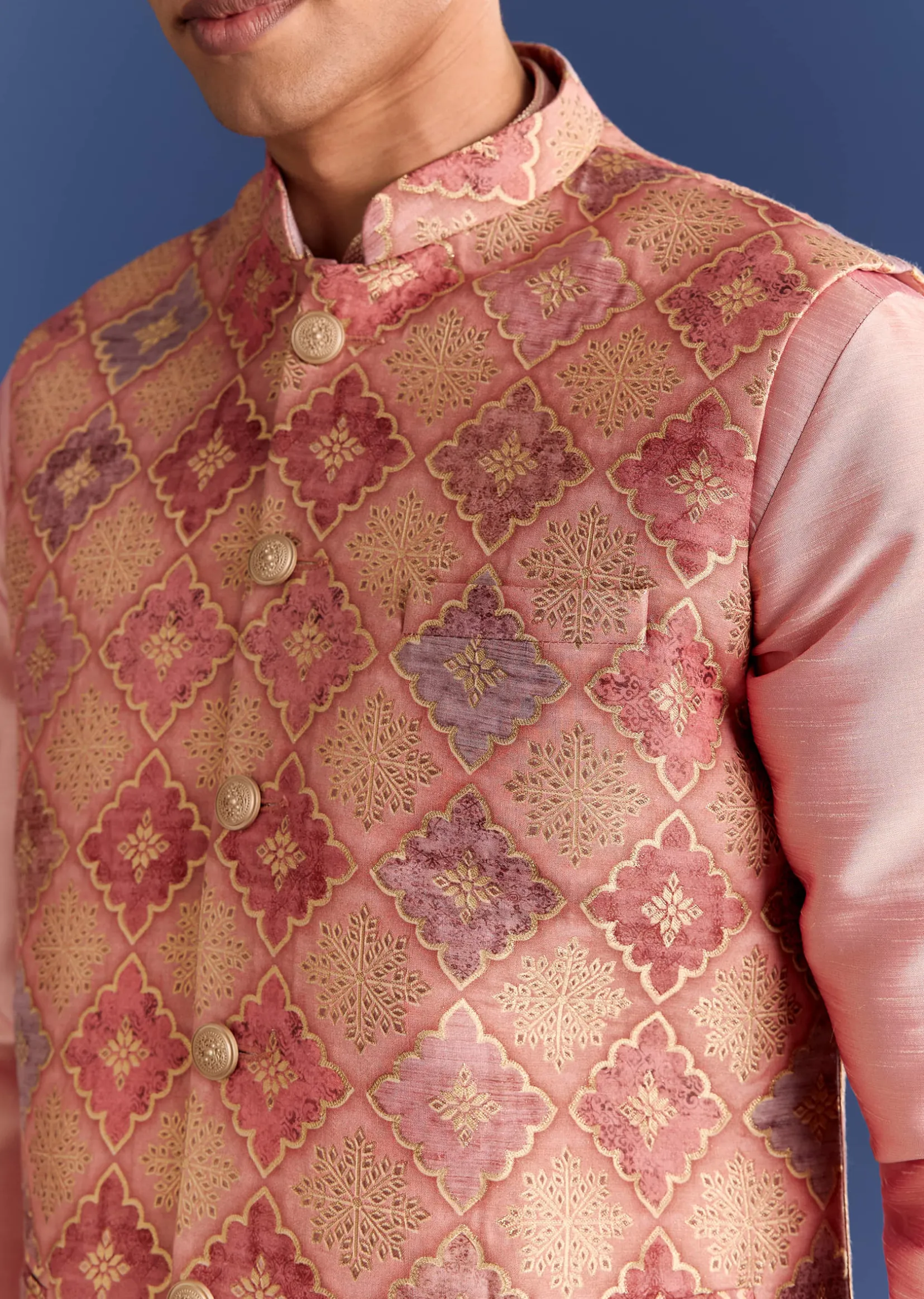 Peach Brocade Kurta Jacket Set With Geometric Print