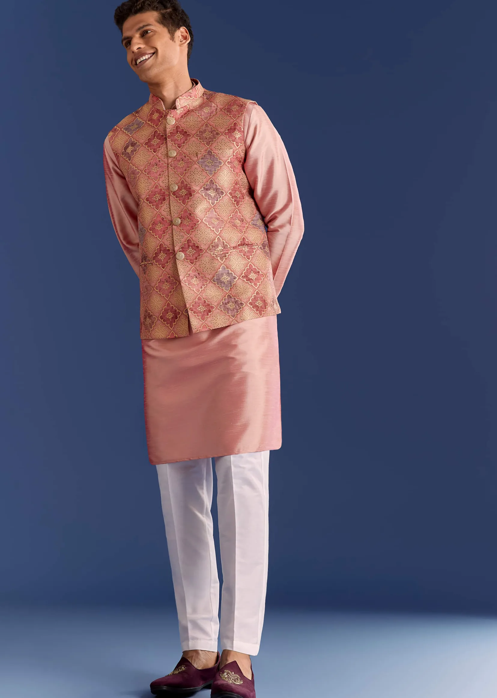 Peach Brocade Kurta Jacket Set With Geometric Print