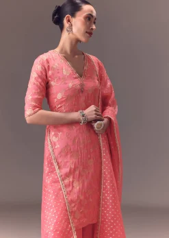 Peach Brocade Kurti With Sharara Pants And Dupatta