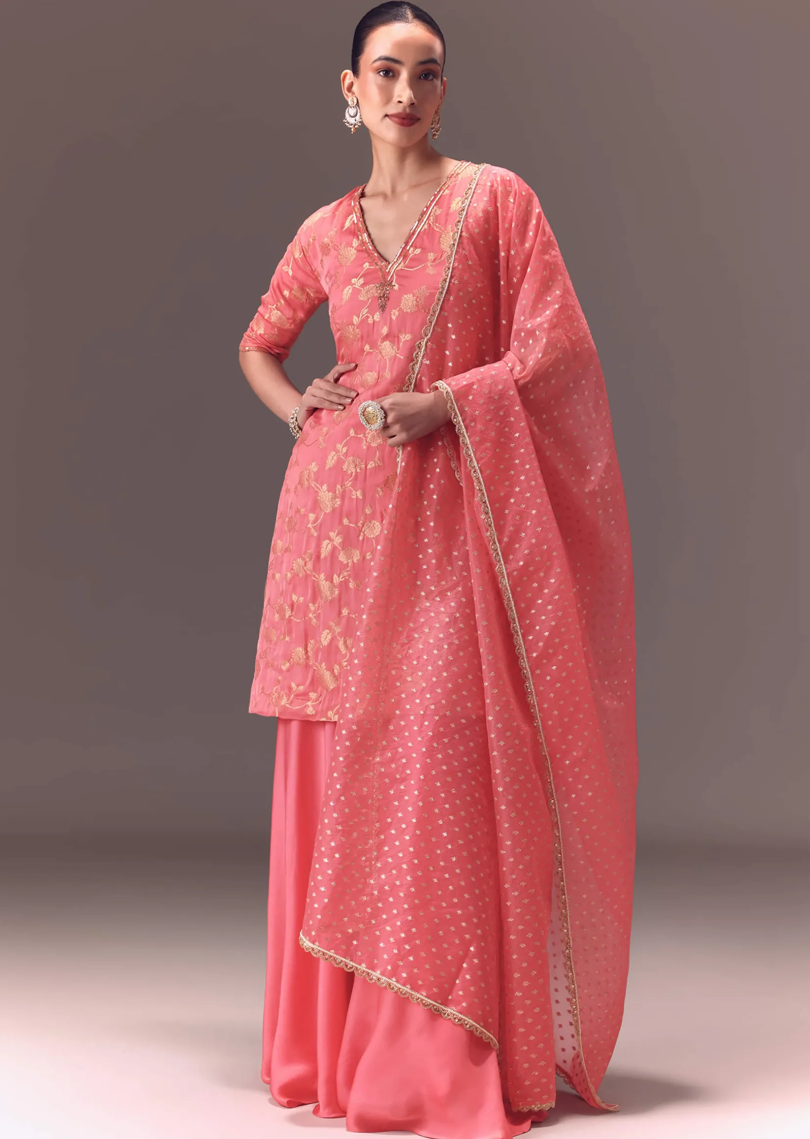 Peach Brocade Kurti With Sharara Pants And Dupatta
