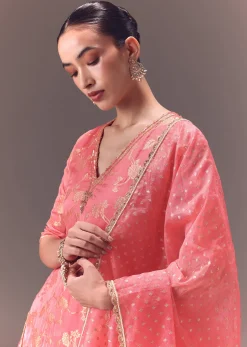 Peach Brocade Kurti With Sharara Pants And Dupatta