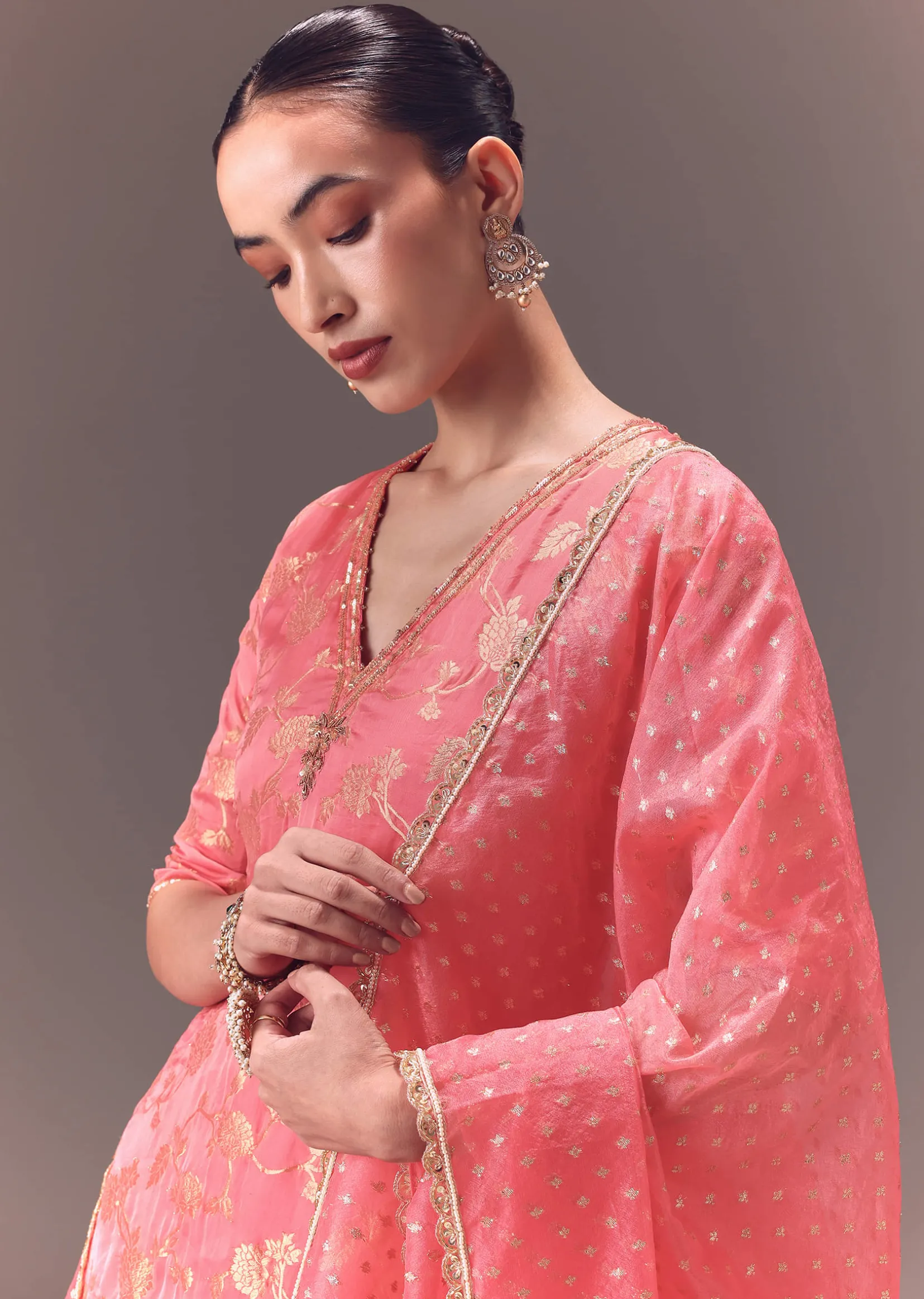 Peach Brocade Kurti With Sharara Pants And Dupatta