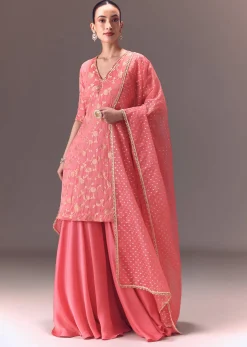 Peach Brocade Kurti With Sharara Pants And Dupatta