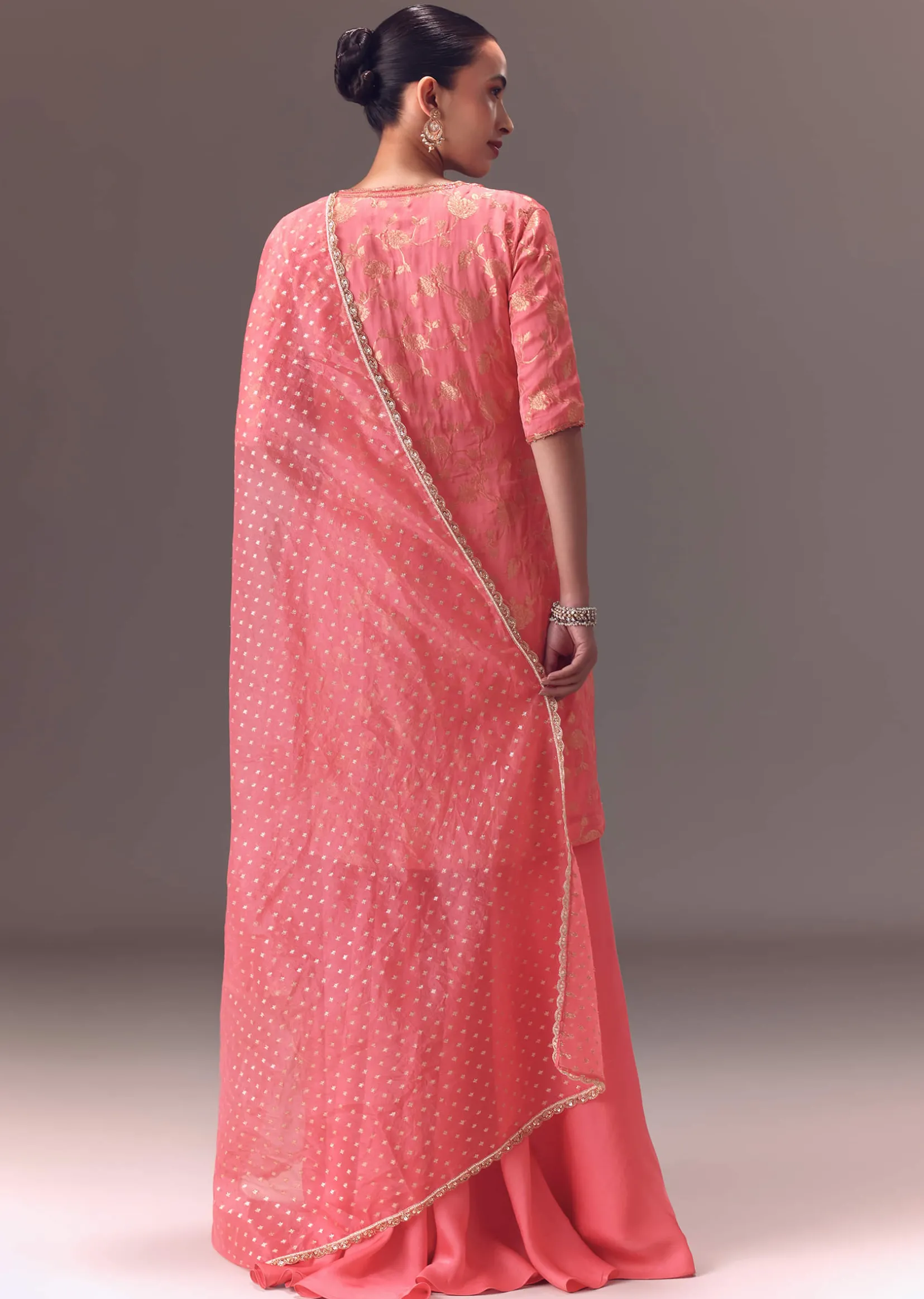Peach Brocade Kurti With Sharara Pants And Dupatta