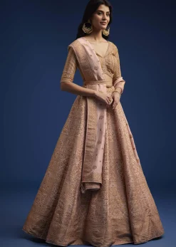 Peach Brocade Lehenga Set With Zari And Resham Work