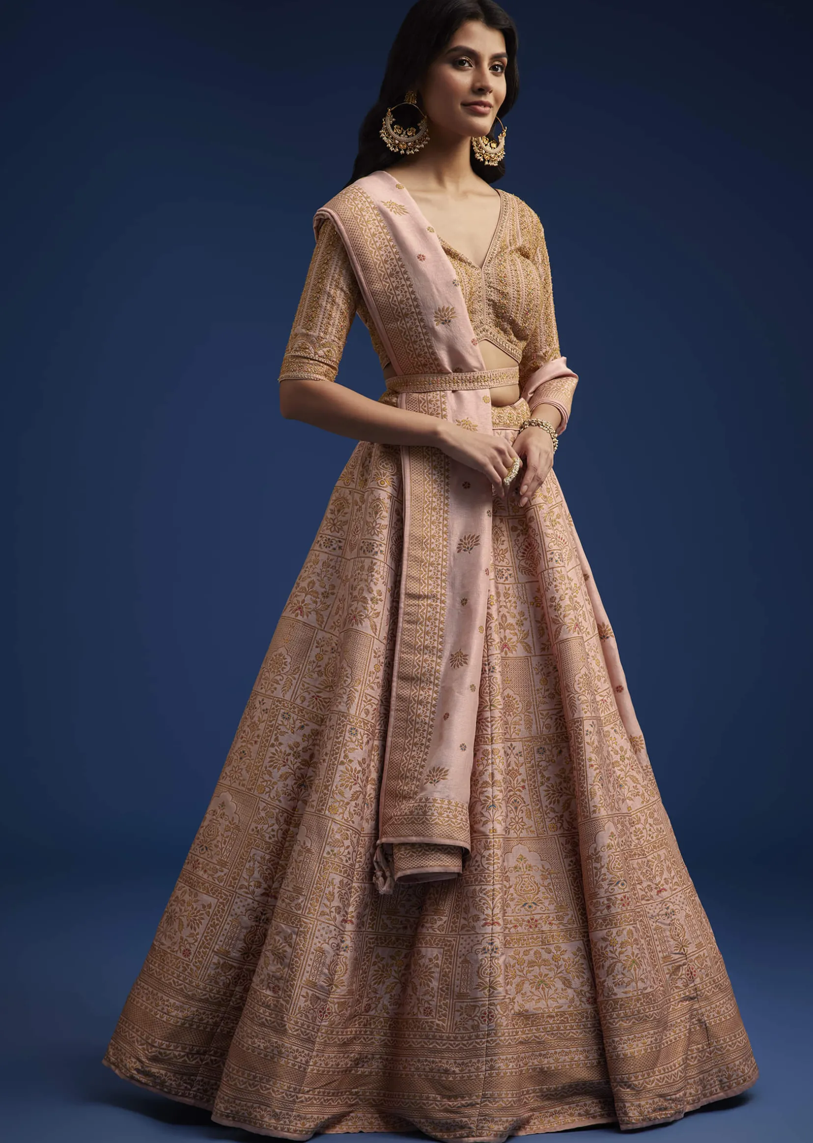 Peach Brocade Lehenga Set With Zari And Resham Work