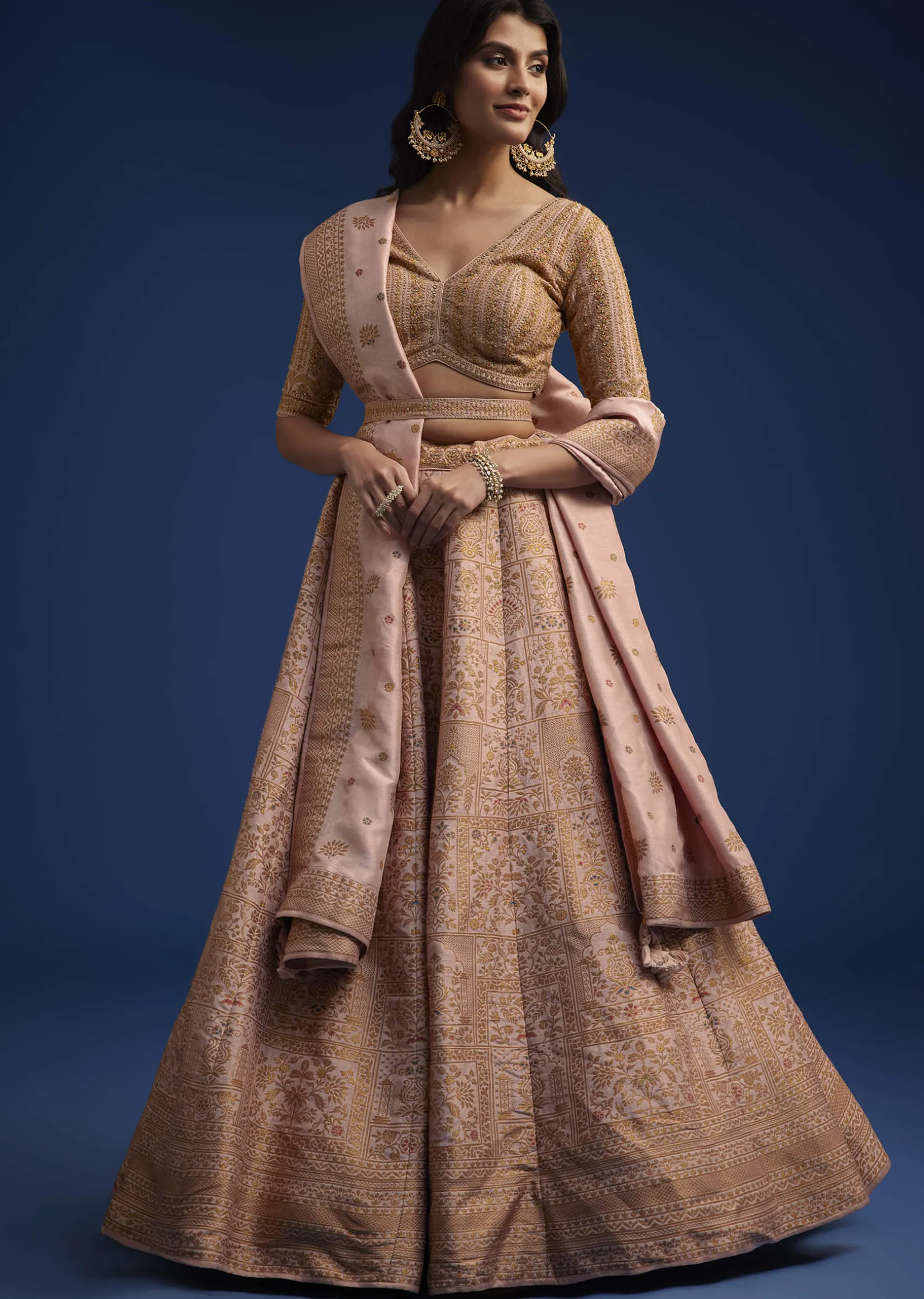 Peach Brocade Lehenga Set With Zari And Resham Work